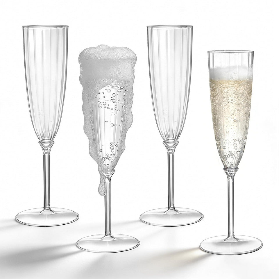 QualQuot 18-pack clear plastic champagne flutes for elegant disposable service.