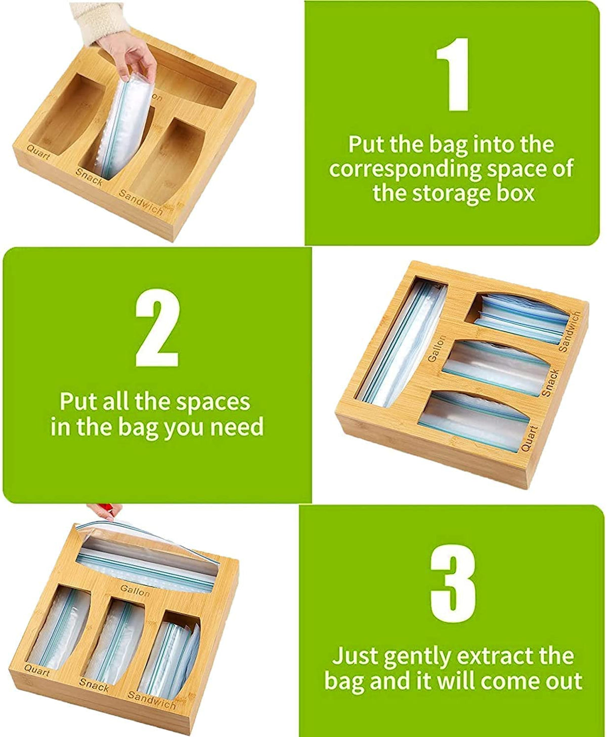 Quart Sandwich Slot detail shows dedicated spaces for common bag sizes and easy labeling.