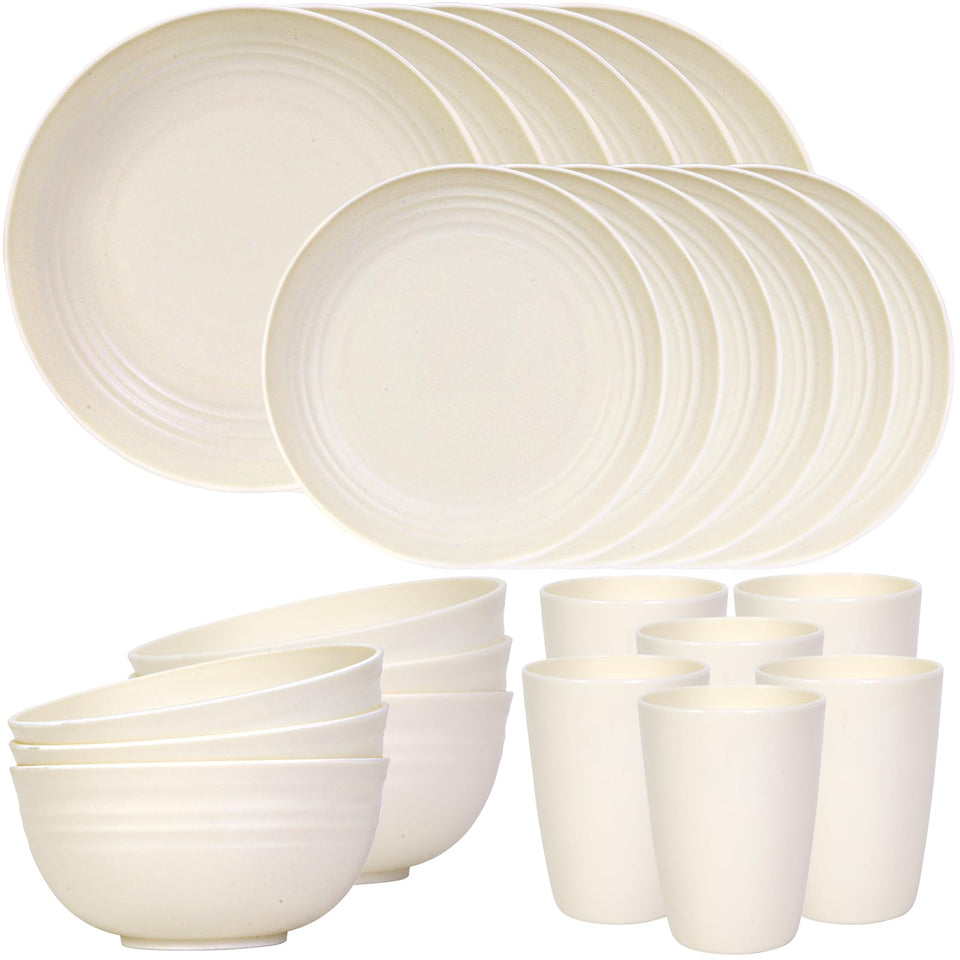 Quatish 24-piece dinnerware on a stylish table for six, ideal for entertaining.