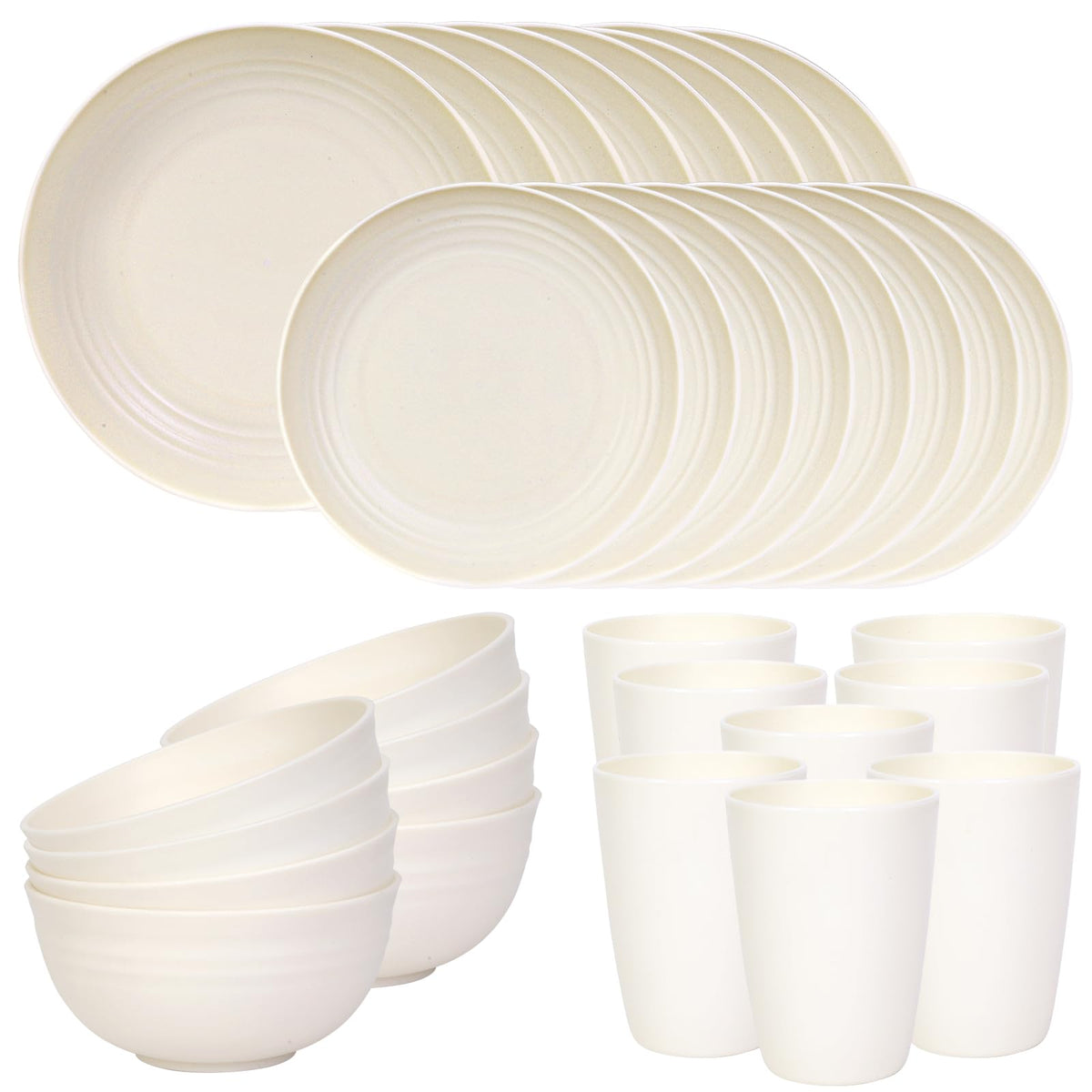 Quatish 32-piece dinnerware set on table, service for eight with chic, space-saving display.