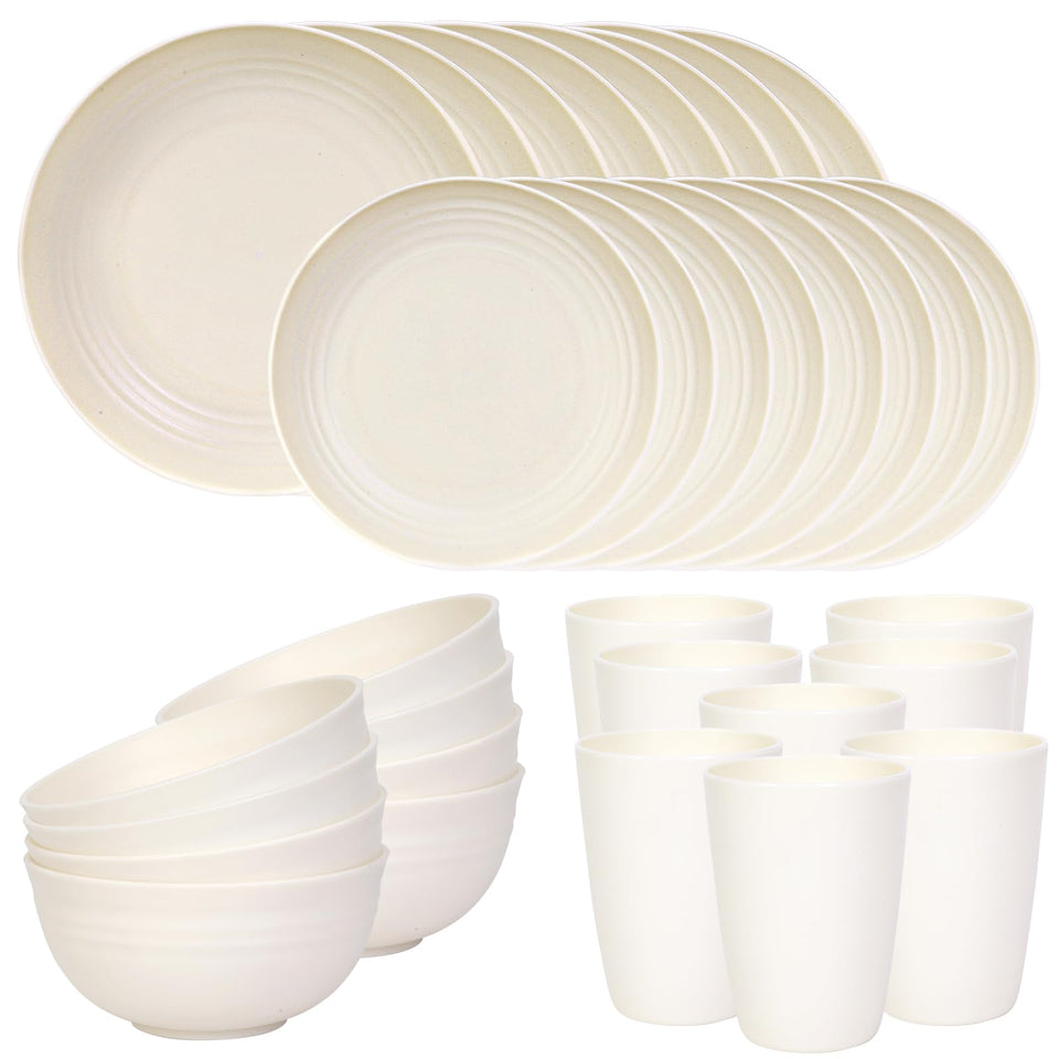 Quatish 32-piece dinnerware set on table, service for eight with chic, space-saving display.