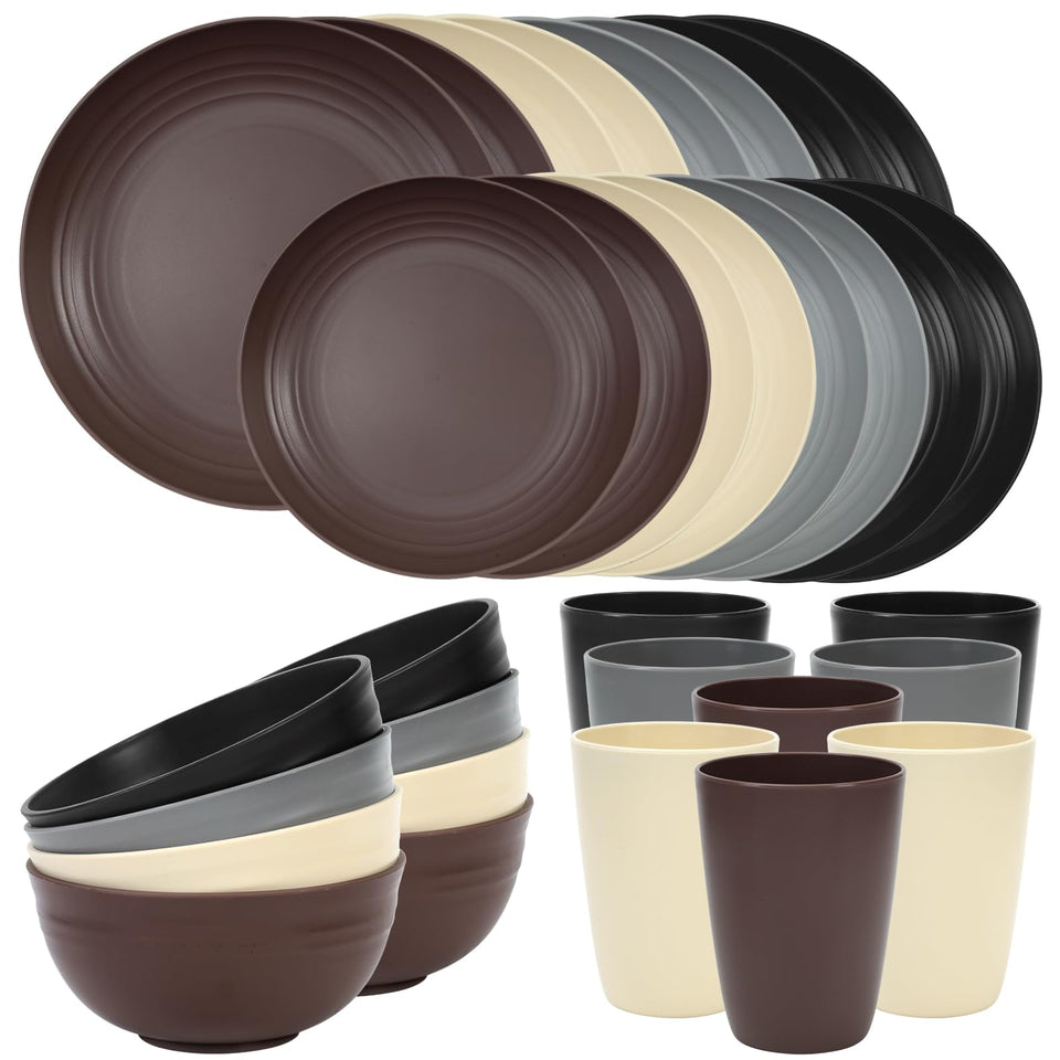 Quatish 32-piece dinnerware set for eight with unbreakable plates for outdoor dining.