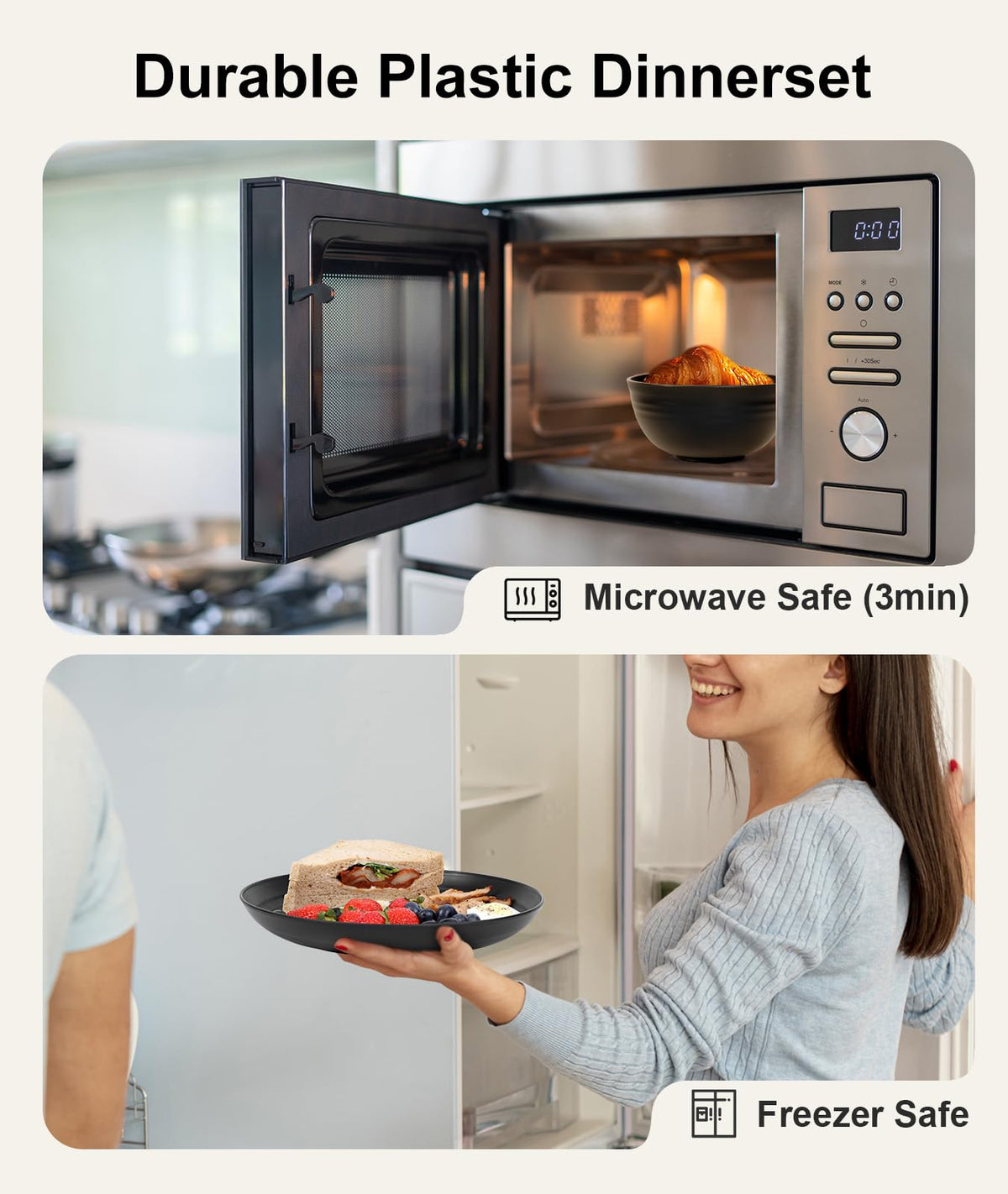 Quatish dishwasher and microwave-safe dinnerware for easy cleanup and reheating.