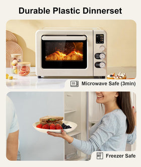 Quatish dishwasher and microwave safe plates simplify cleanup.