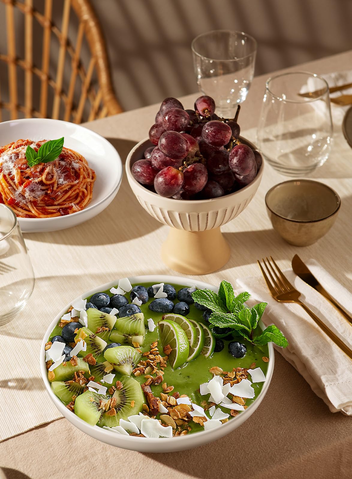 Quatish microwave safe pasta bowls ready for reheating and serving.