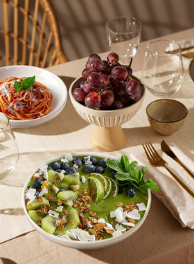 Quatish microwave safe pasta bowls ready for reheating and serving.