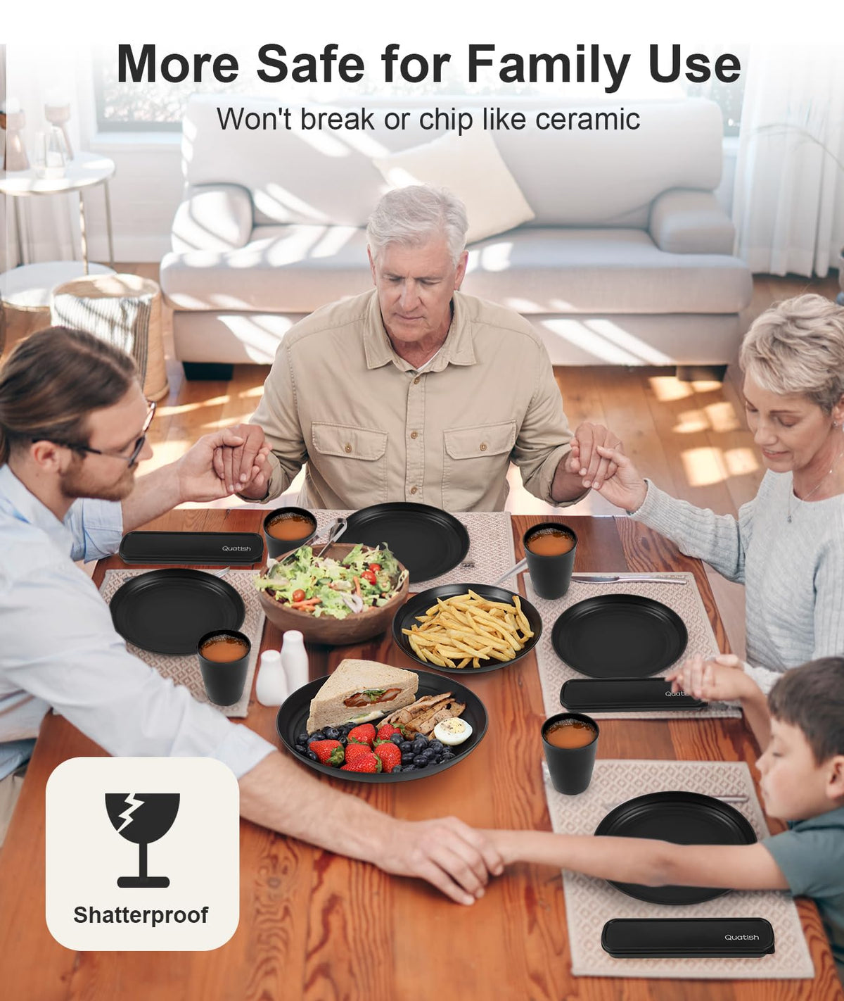 Quatish unbreakable dinnerware ready for camping and travel