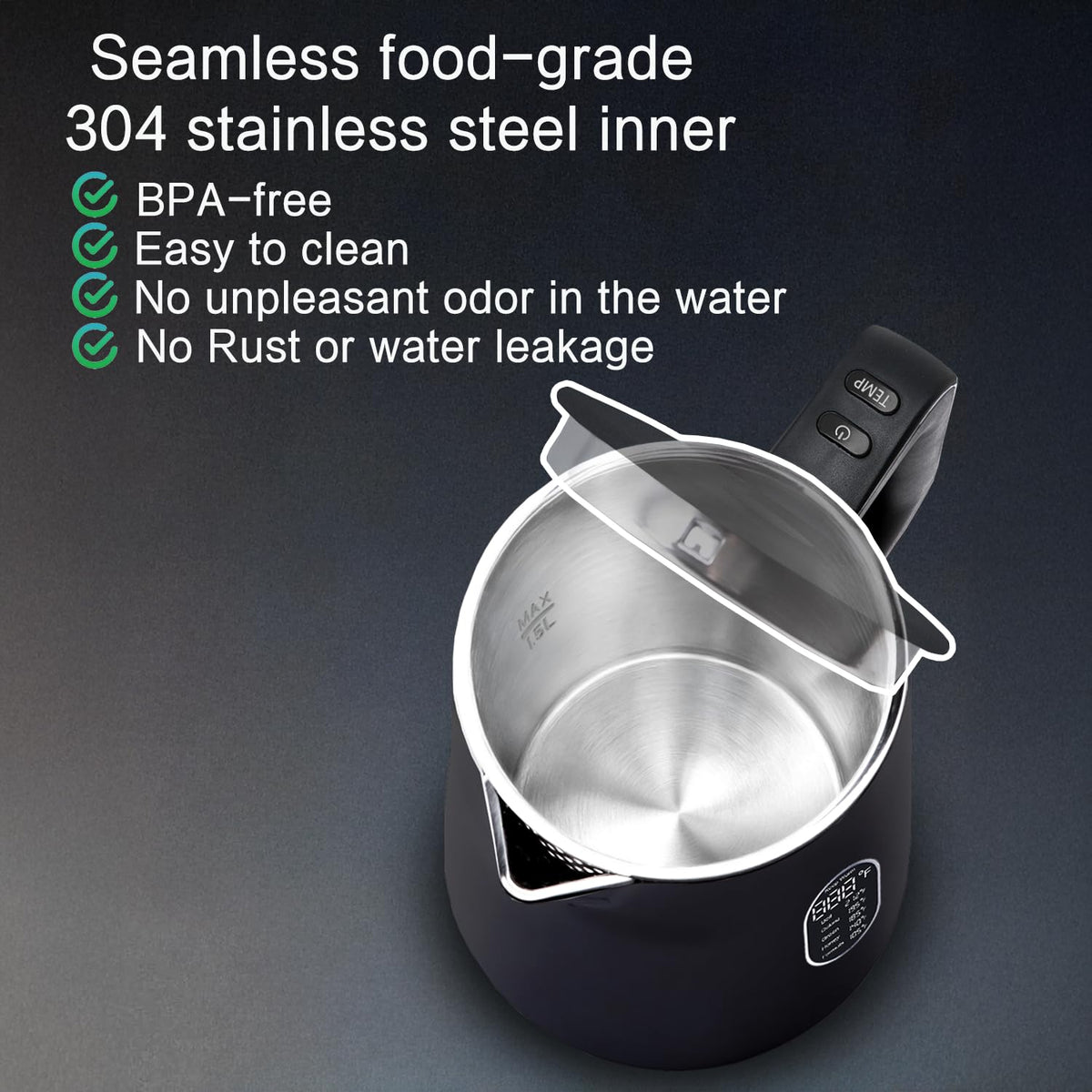 QUAXWELL 1500W fast boil delivers hot water quickly.