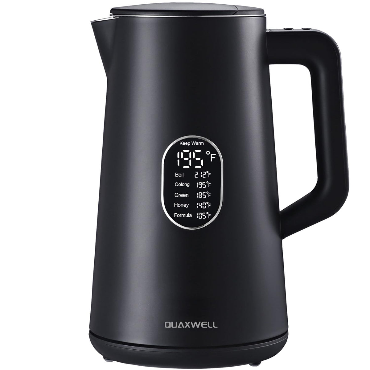 QUAXWELL 1.5L electric kettle with LCD display for precise temperature control.