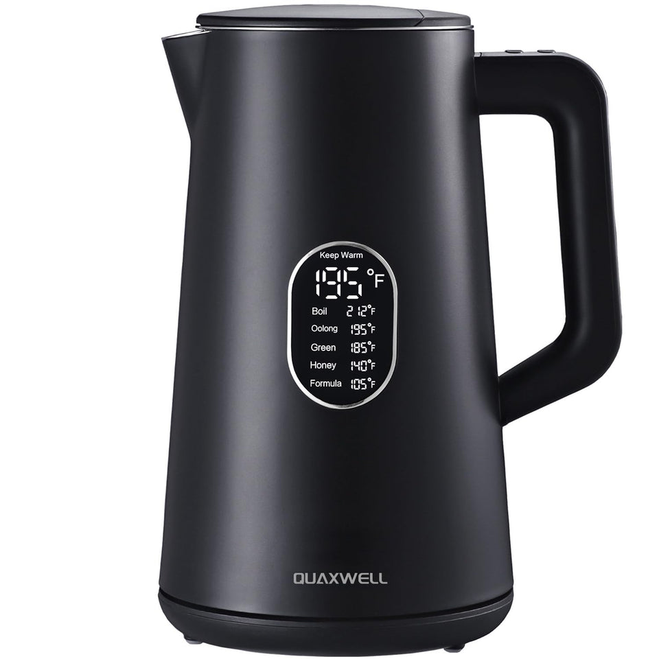 QUAXWELL 1.5L electric kettle with LCD display for precise temperature control.