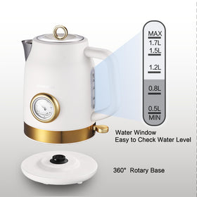 QUAXWELL BPA-free matte white and gold kettle complements modern kitchens.