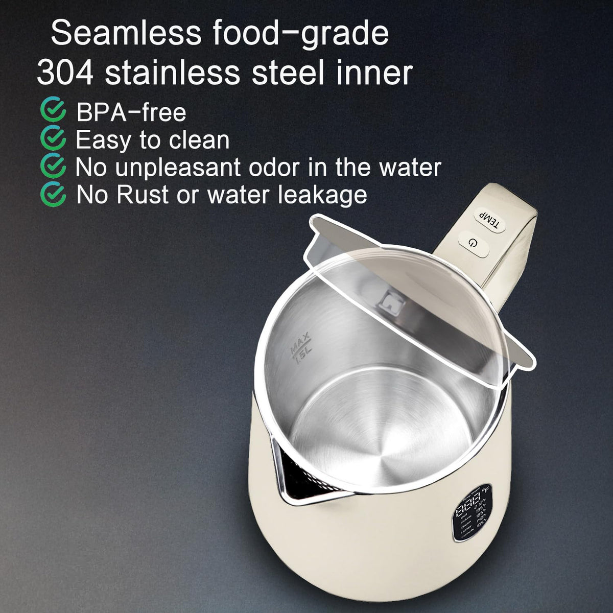 QUAXWELL keep-warm function maintains temperature for tea or coffee.