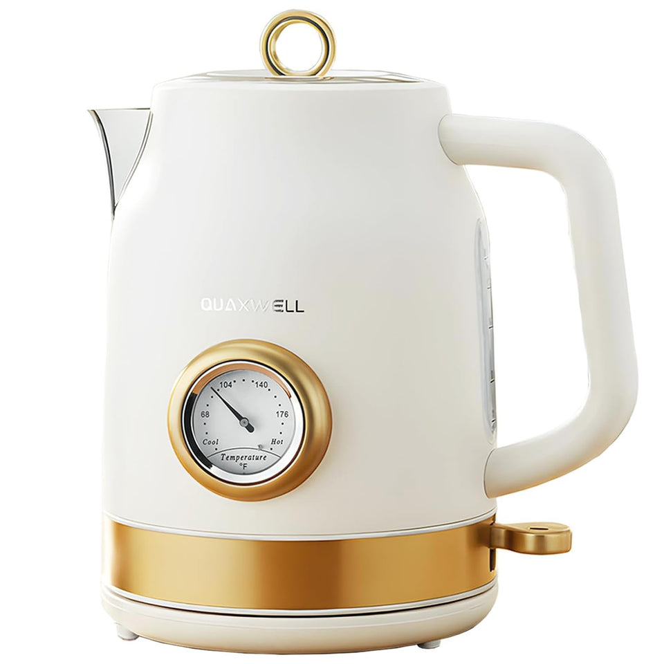 QUAXWELL retro electric kettle front view showing matte white and gold finish for quick tea prep.
