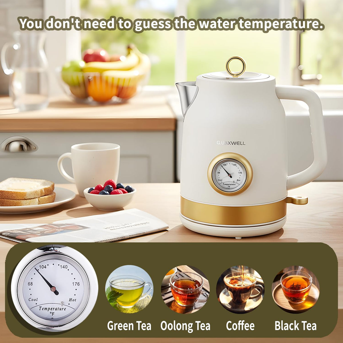 QUAXWELL thermometer gauge close-up highlighting precise temperature control for teas.