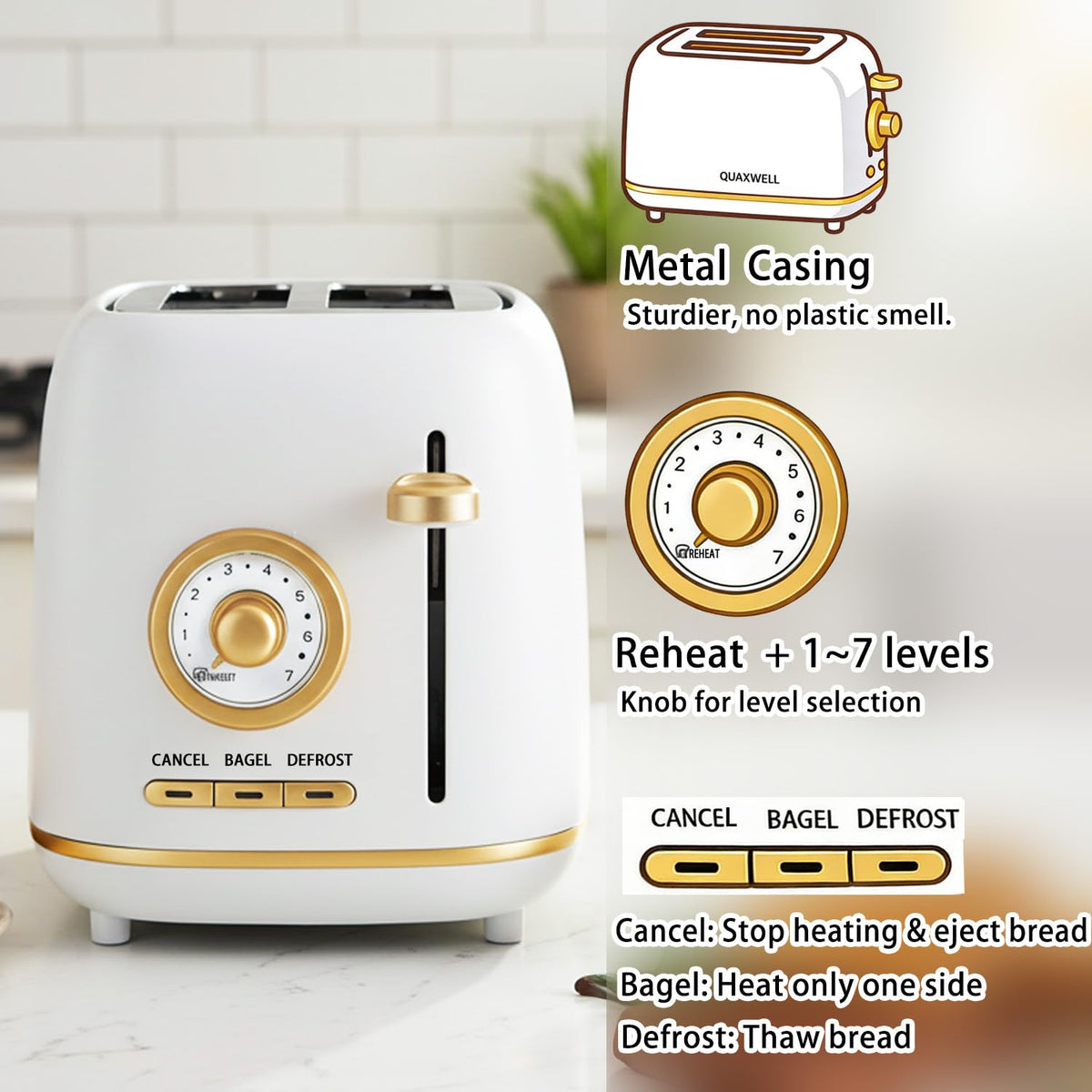 QUAXWELL toaster seven browning levels let you customize toast.