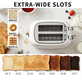 QUAXWELL toaster removable crumb tray simplifies cleanup after breakfast.