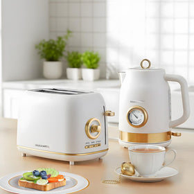 QUAXWELL toaster retro white gold design enhances any kitchen counter.