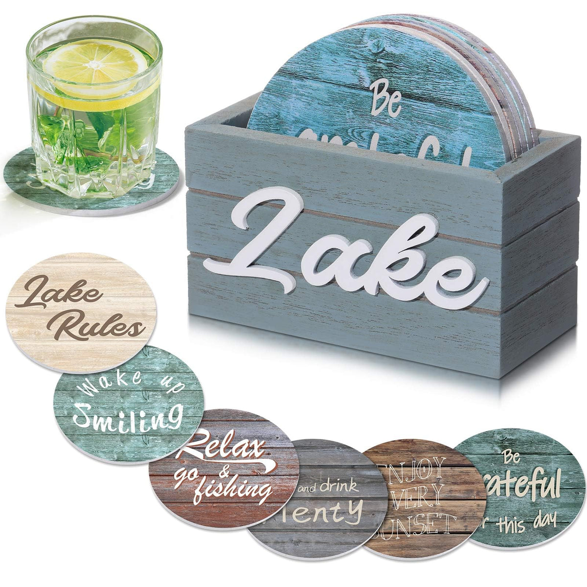 Queekay lake theme coaster set with holder for organized display