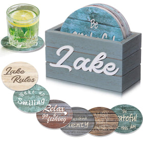 Queekay lake theme coaster set with holder for organized display