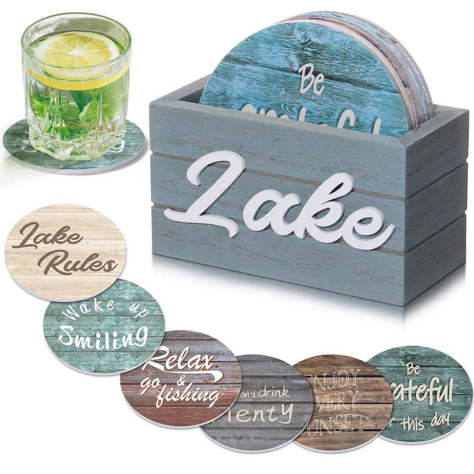 Queekay lake theme coaster set with holder for organized display