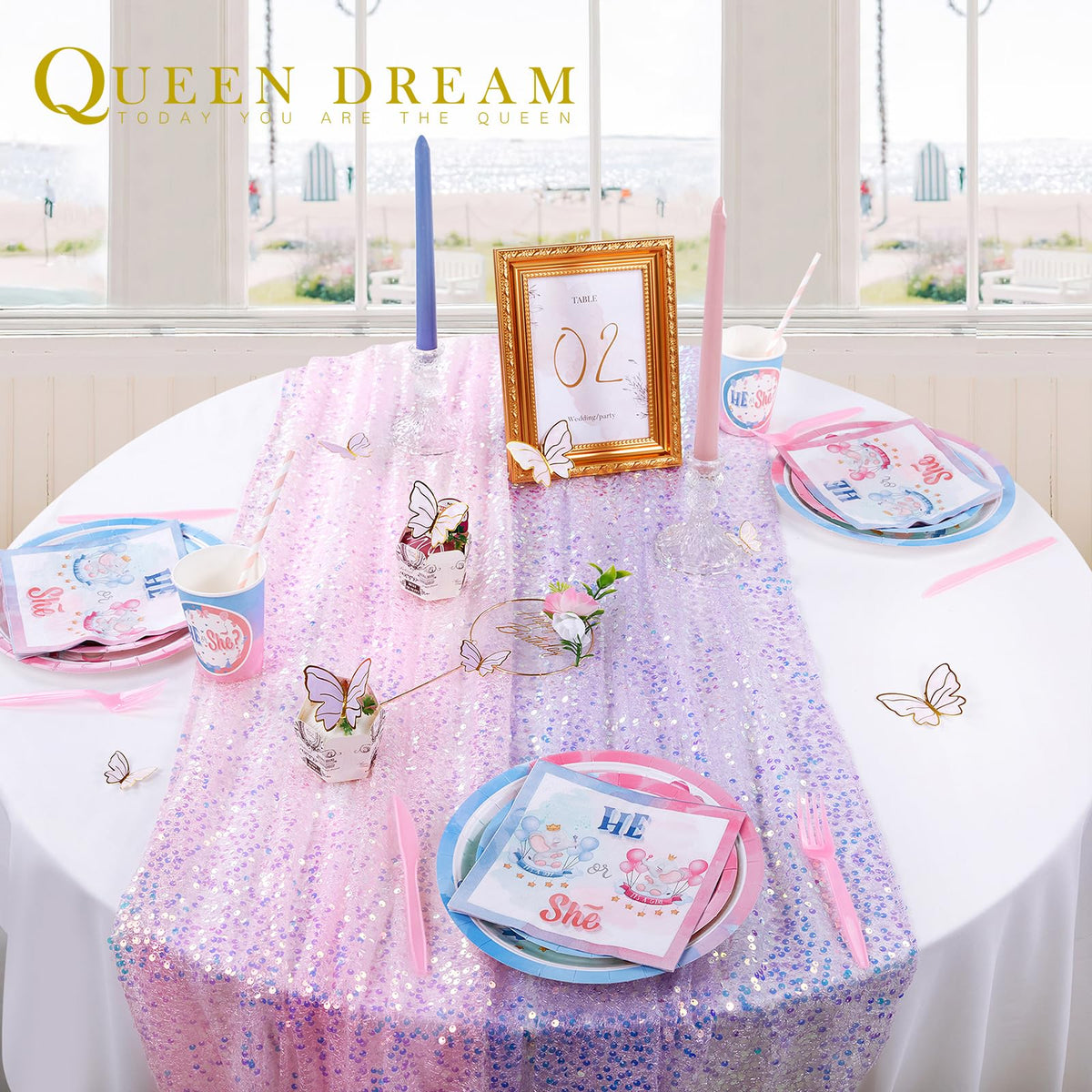 QueenDream 25x120in table runner on purple-draped dining setup