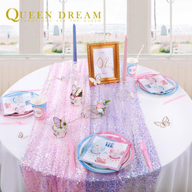 QueenDream 25x120in table runner on purple-draped dining setup