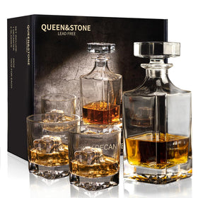Queenstone Lead Free square 25oz decanter with two glasses in box, ideal for gifting.