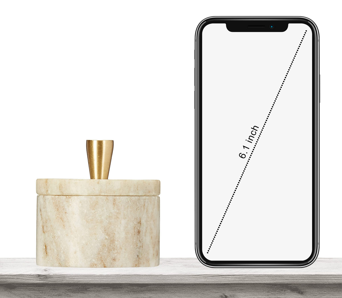 Queenza marble salt cellar brass knob closeup demonstrates sturdy lid design.