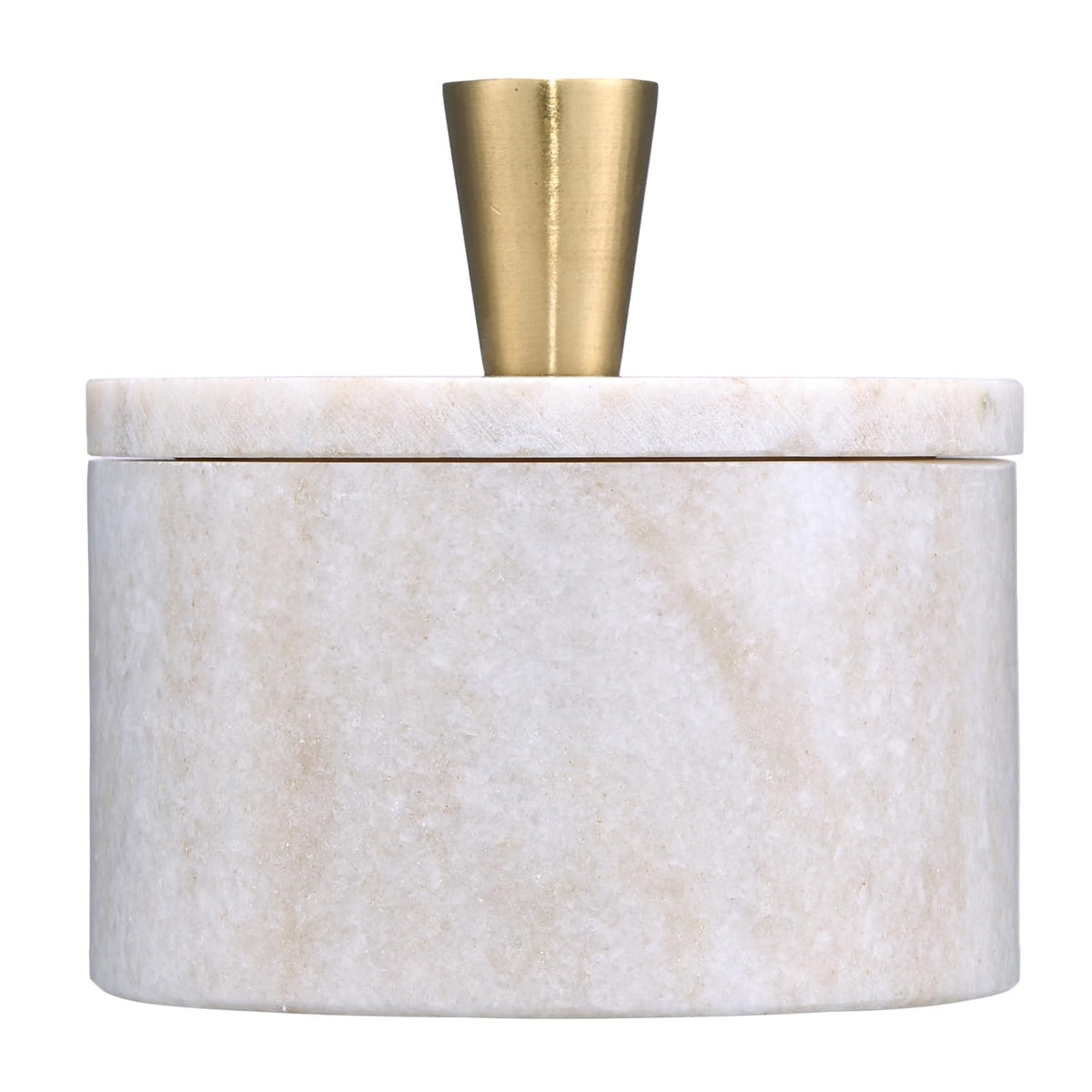 Queenza marble salt cellar with lid and brass knob offers durable, elegant storage for spices.