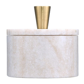 Queenza marble salt cellar with lid and brass knob offers durable, elegant storage for spices.