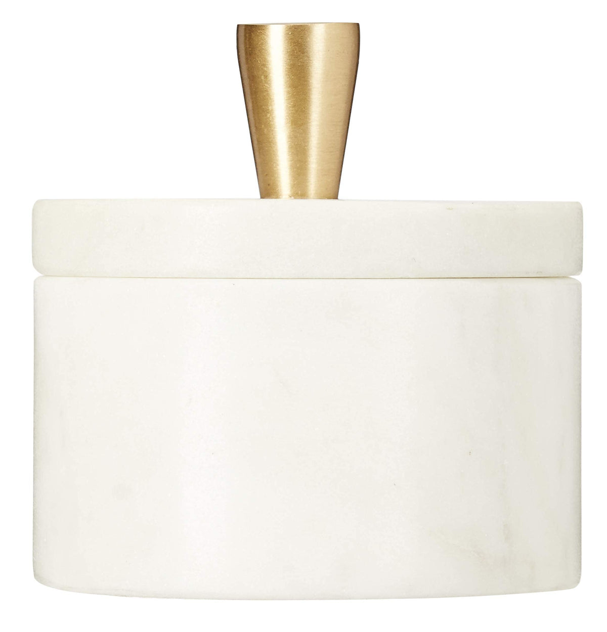 Queenza white marble salt cellar with lid and brass knob enhances kitchen organization and freshness.