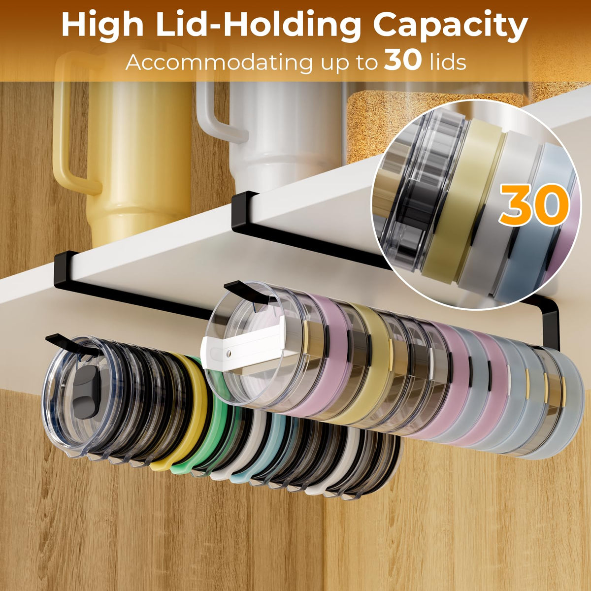 Quehun lid organizer inside cabinet with capacity for up to 30 lids.