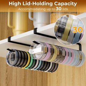 Quehun lid organizer inside cabinet with capacity for up to 30 lids.