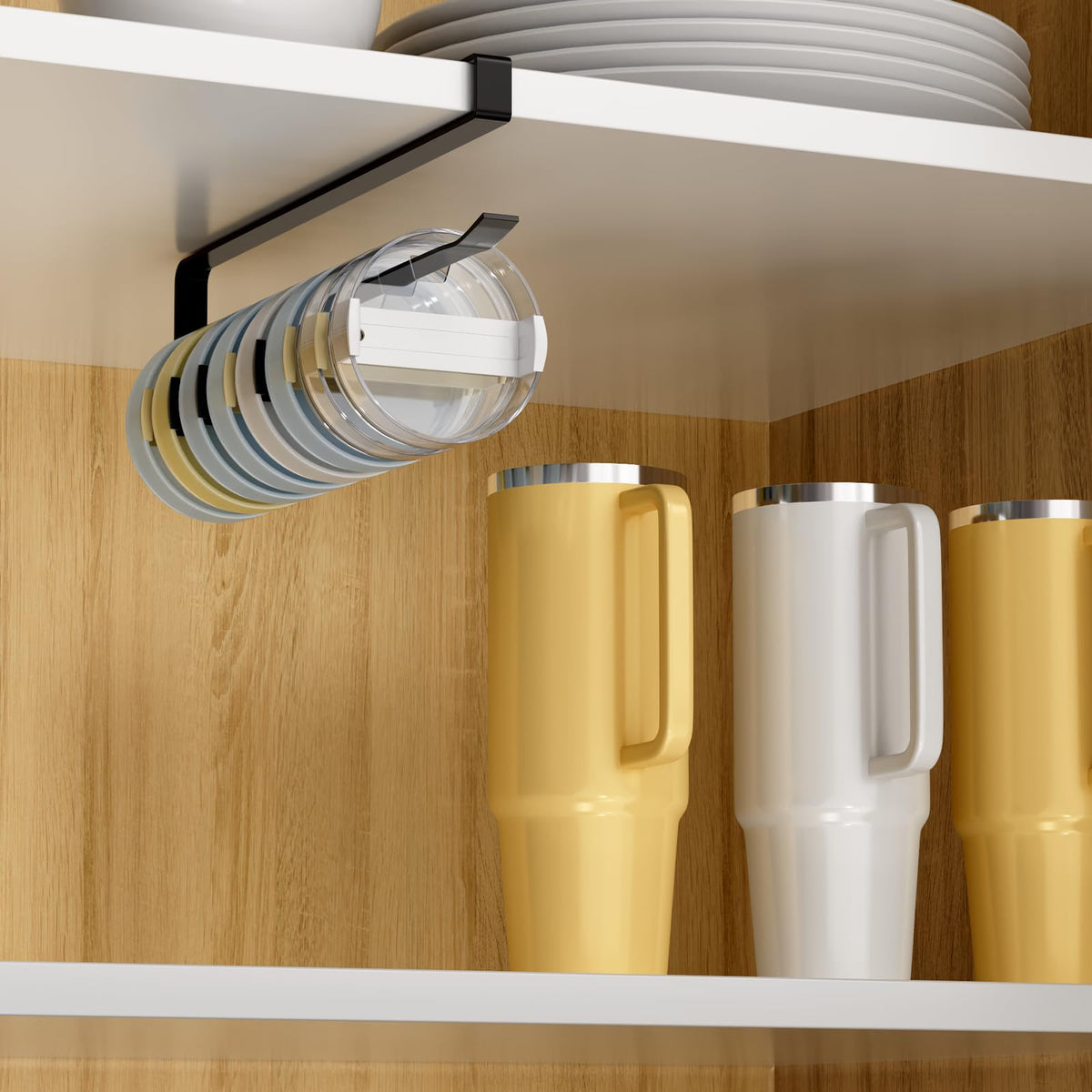 Quehun space-saving design streamlines kitchen lid storage.