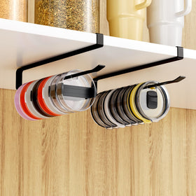 Quehun tumbler lid organizer under cabinet keeps lids neatly organized.
