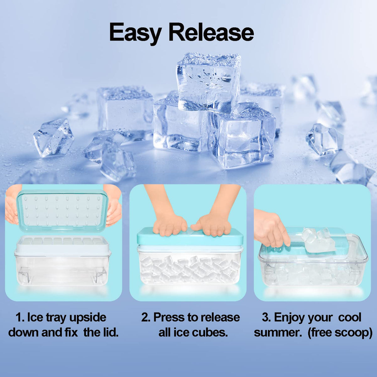 Quelien ice tray with bin and scoop keeps ice accessible.