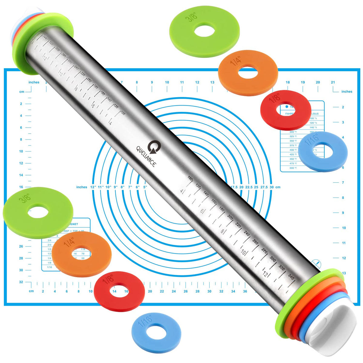 Quellance adjustable rings rolling pin controls dough thickness precisely.