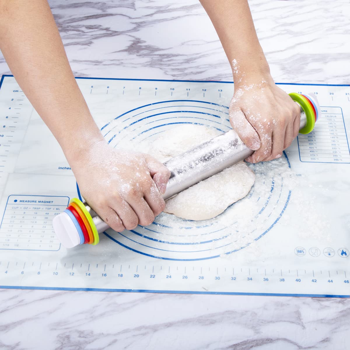 Quellance rolling pin with rings shown for easy cleanup after baking.