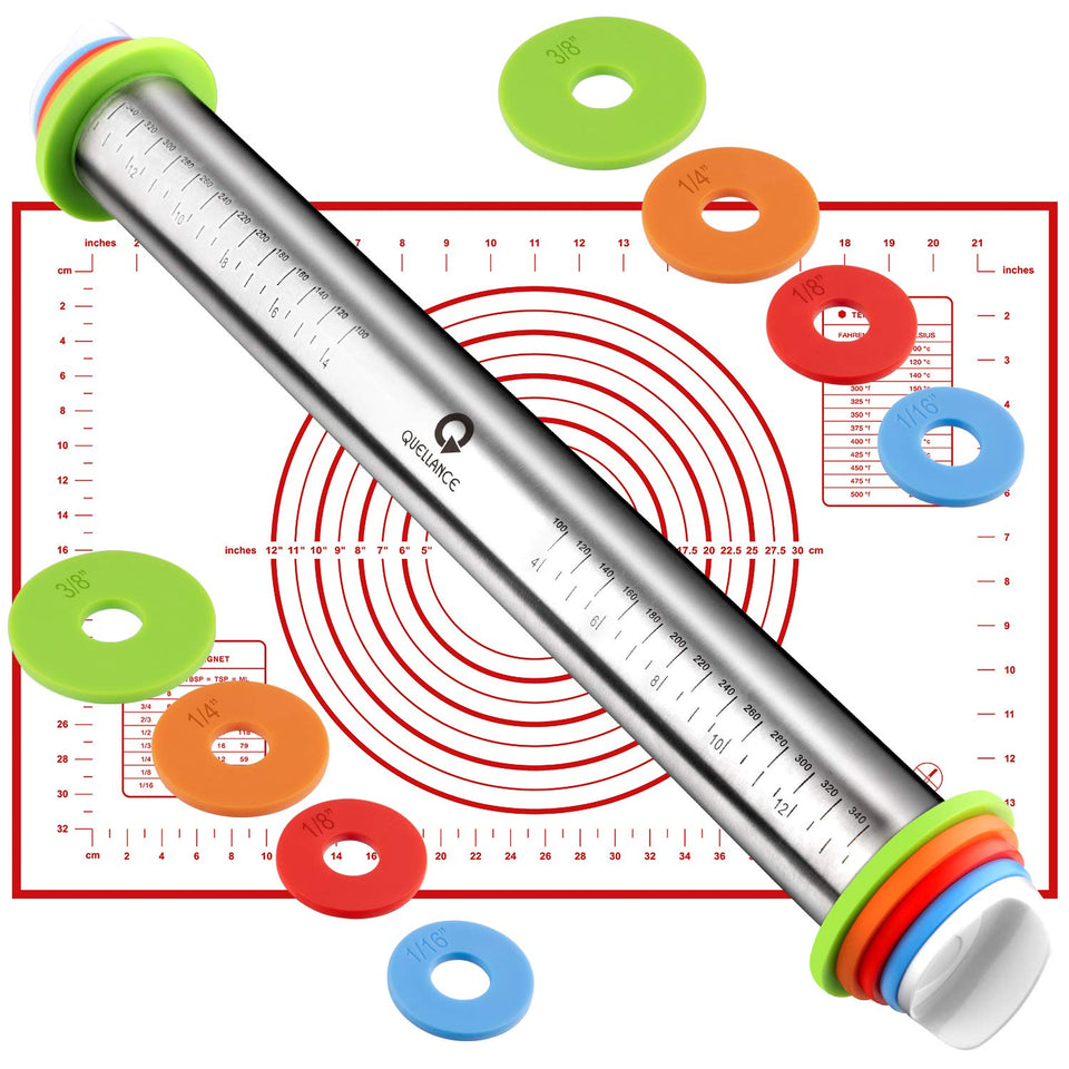 QUELLANCE rolling pin with adjustable rings for precise dough thickness.