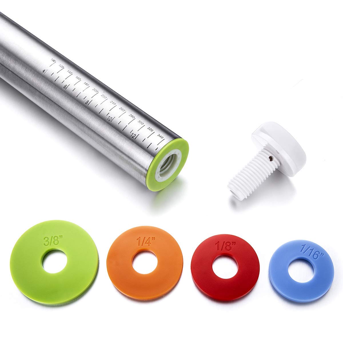 QUELLANCE rolling pin with removable rings simplifies dough prep.
