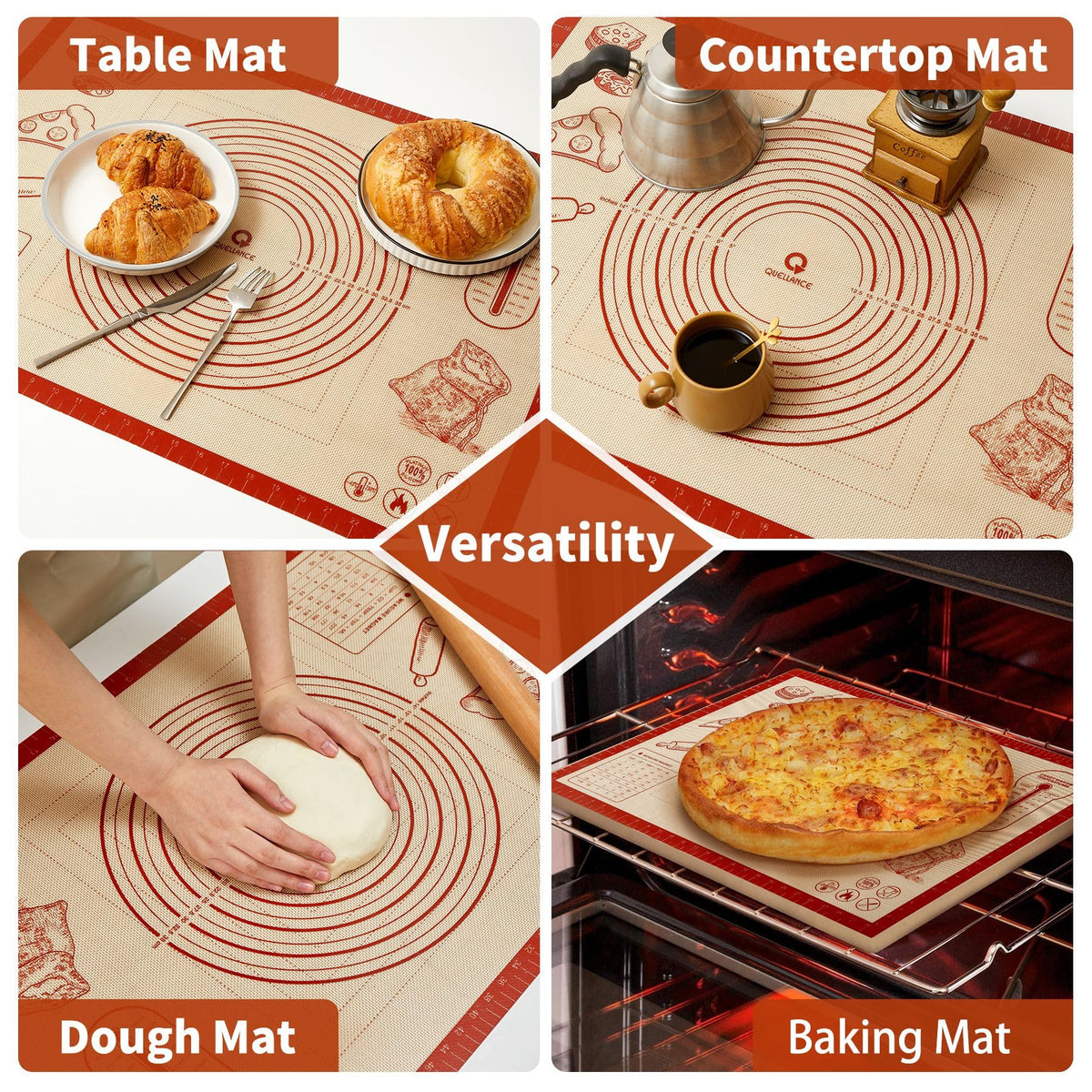 QUELLANCE mat shows double-sided measurements for precise dough sizing