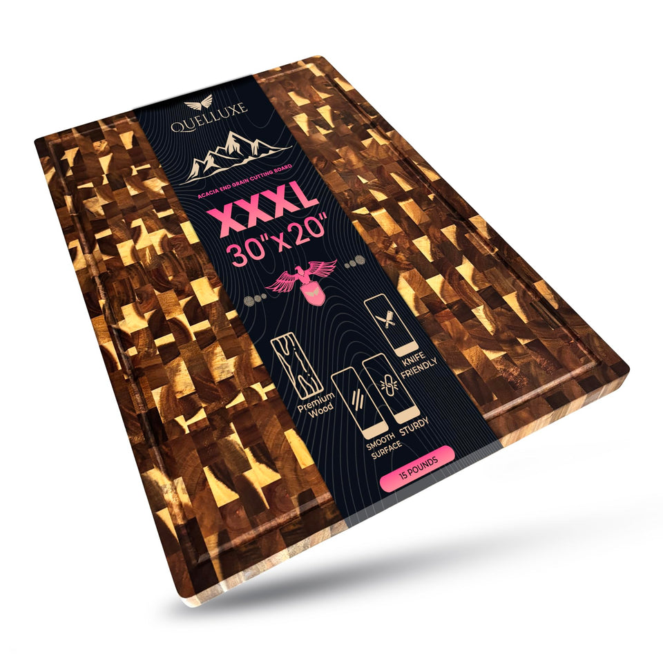 QUELLUXE acacia end-grain cutting board provides durable chopping surface.