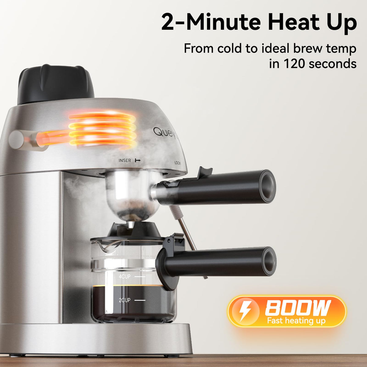 Queyd 270-degree steam wand for easy milk frothing