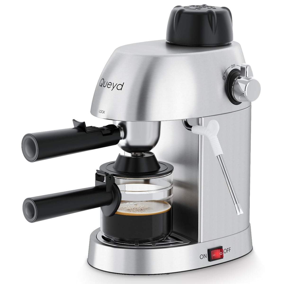 Queyd front view of the 3.5 Bar espresso machine in stainless steel for home brewing