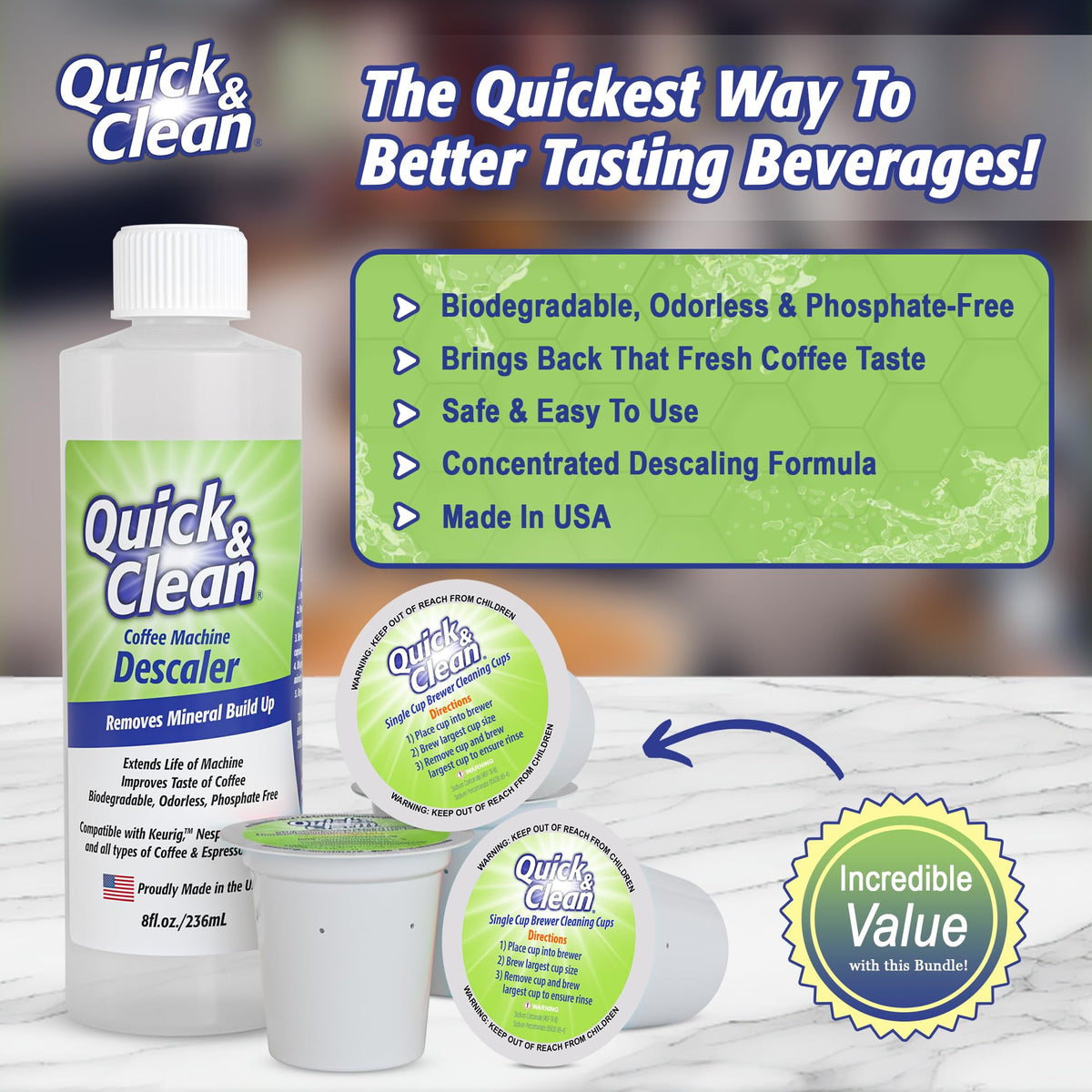 Quick & Clean descaler bottle highlighting mineral buildup removal