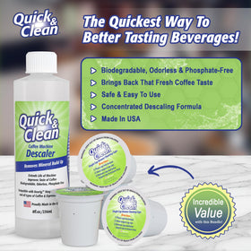 Quick & Clean descaler bottle highlighting mineral buildup removal