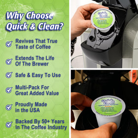 Quick & Clean K-Cup cleaner pod before-after shows cleaner internal components.