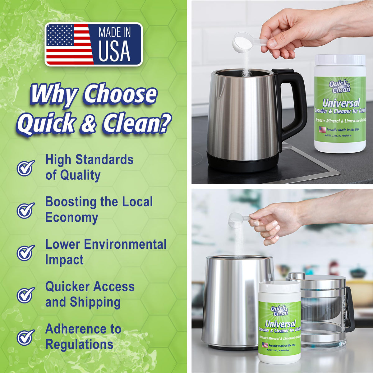 Container label of Quick & Clean universal descaler highlights 2 lb size and uses
