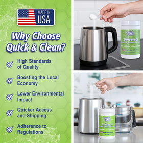 Container label of Quick & Clean universal descaler highlights 2 lb size and uses