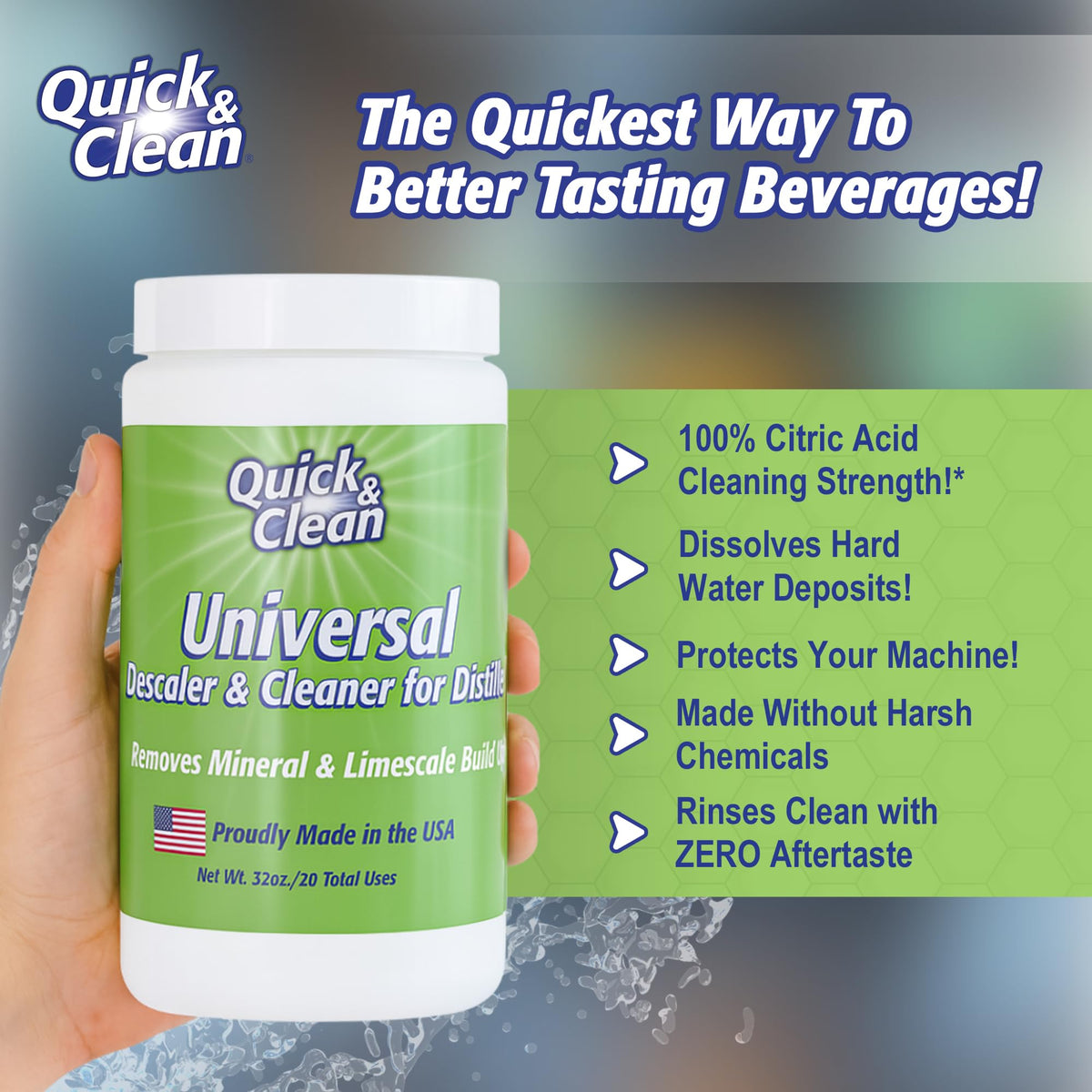 Pouring Quick & Clean universal descaler powder demonstrates simple use